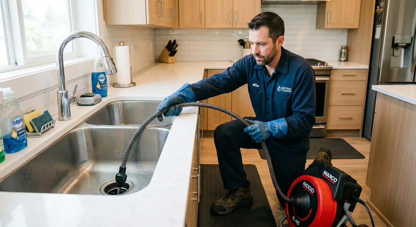Drain cleaning technician using a motorized snake on a kitchen sink in Lake Grove